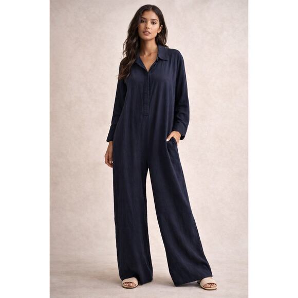 Free People Linen-Blend Super Wide Leg Long Sleeve Jumpsuit - Navy Blue L